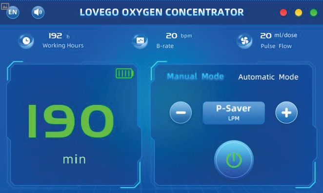 Ovládací panel přenosného kyslíkového koncentrátoru LOVEGO SG02L